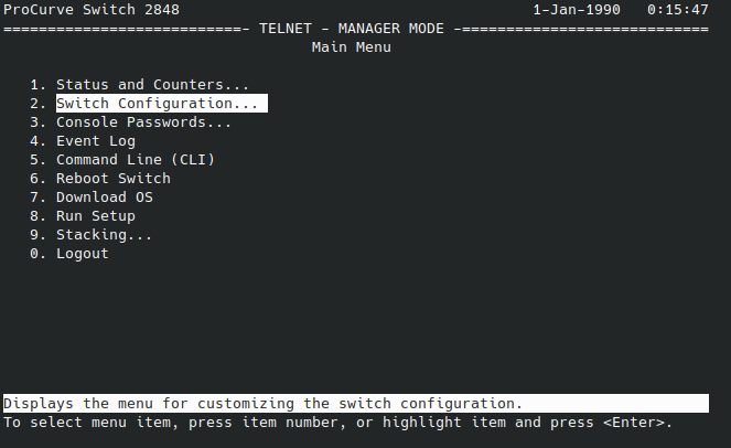 HP ProCurve 2848 Menu Switch Configuration