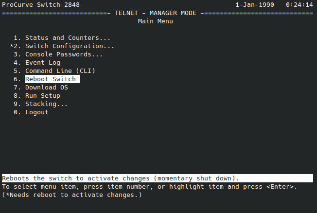 HP ProCurve 2848 Reboot switch step 1