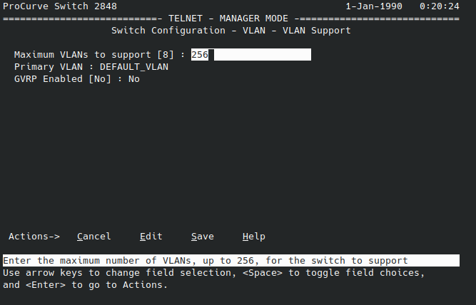 HP ProCurve 2848 Set VLAN support to 256