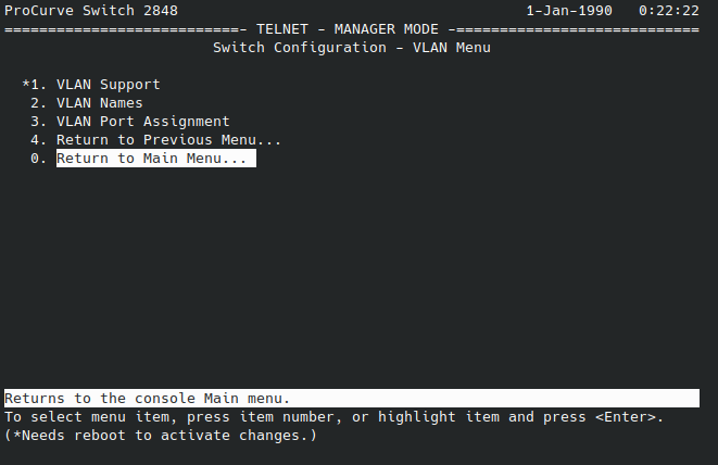 HP ProCurve 2848 VLAN Menu Return to main menu